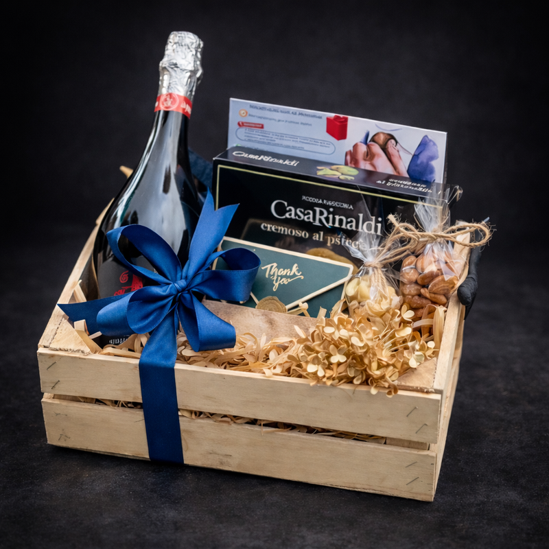 Cadou pentru El „Nr. 3” - Ladă din Lemn cu Spumant și Dulciuri www.delligiftshop.md