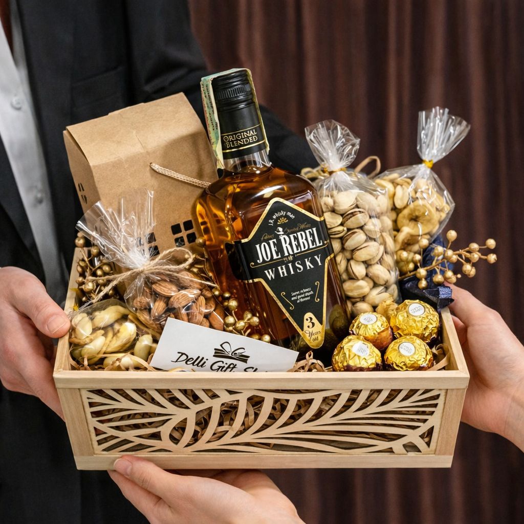 Cadou pentru Bărbați „Nr. 55” - Ladă Premium cu Whisky Joe Rebel, Nuci și Praline www.delligiftshop.md
