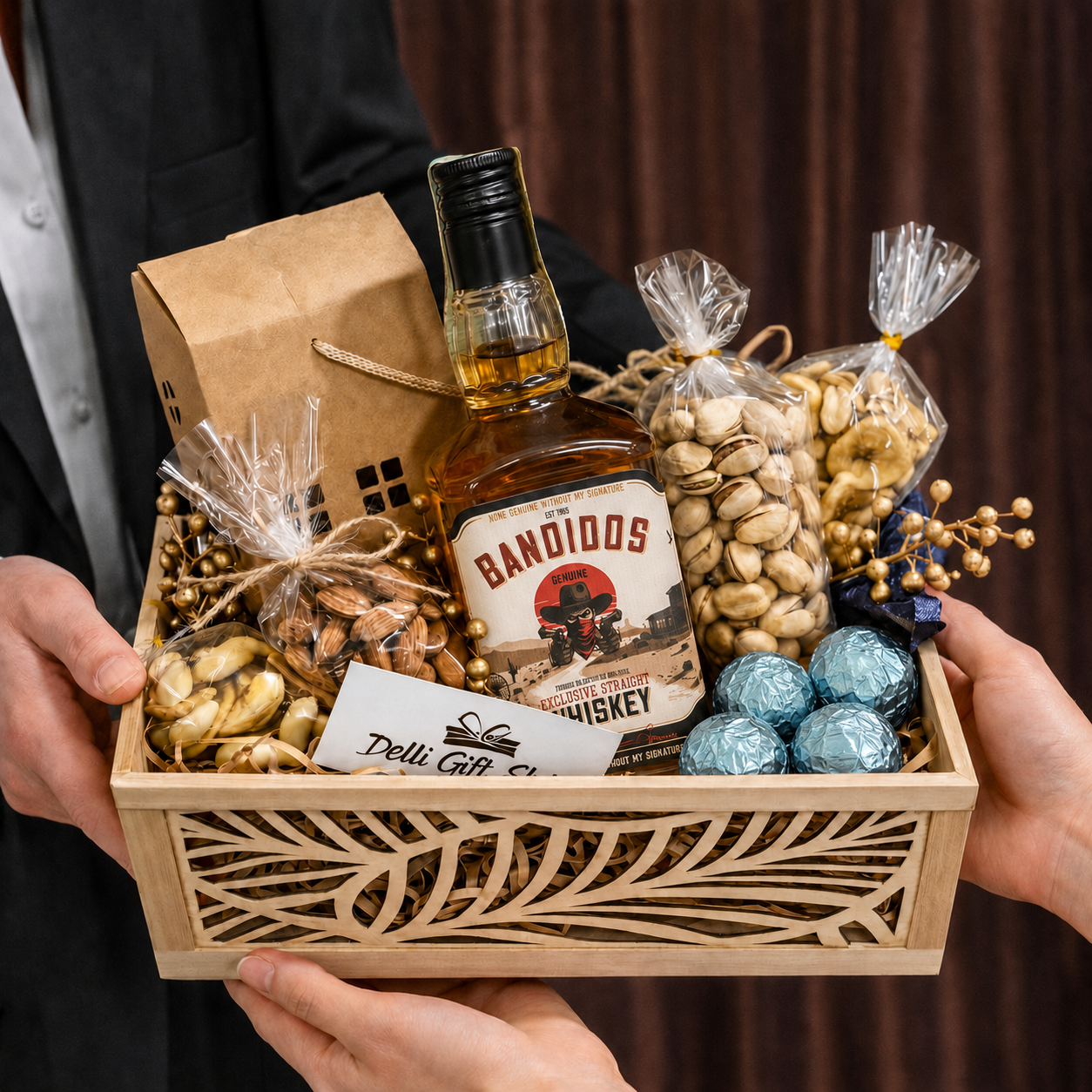 Cadou pentru Bărbați „Nr. 55” - Ladă Premium cu Whisky , Nuci și Praline www.delligiftshop.md